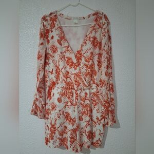CLUB MONACO Red and White Floral Romper with Wrap V-Neck